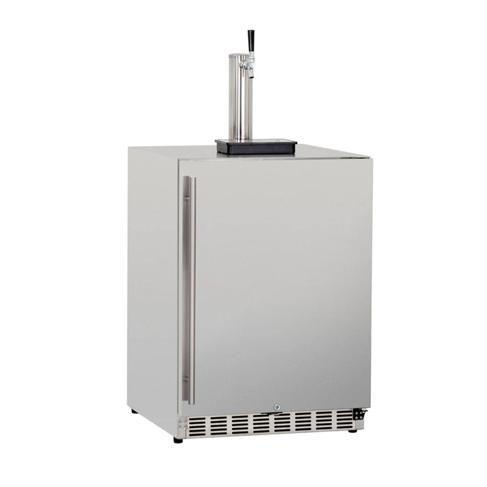 Outdoor kegerator with tall tap, stainless body, and front venting grille