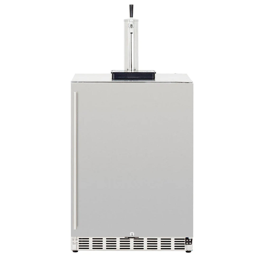 Outdoor kegerator with tall tap and front vent grille, stainless steel body
