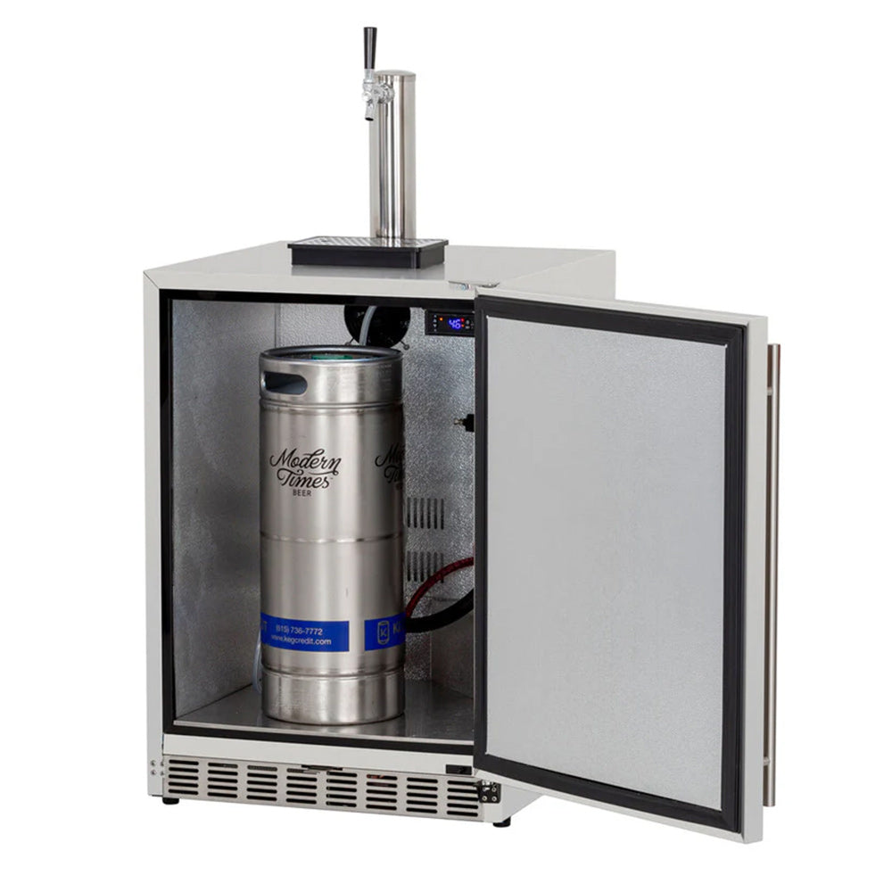 Outdoor kegerator with open door showing beer keg inside and front vent grille