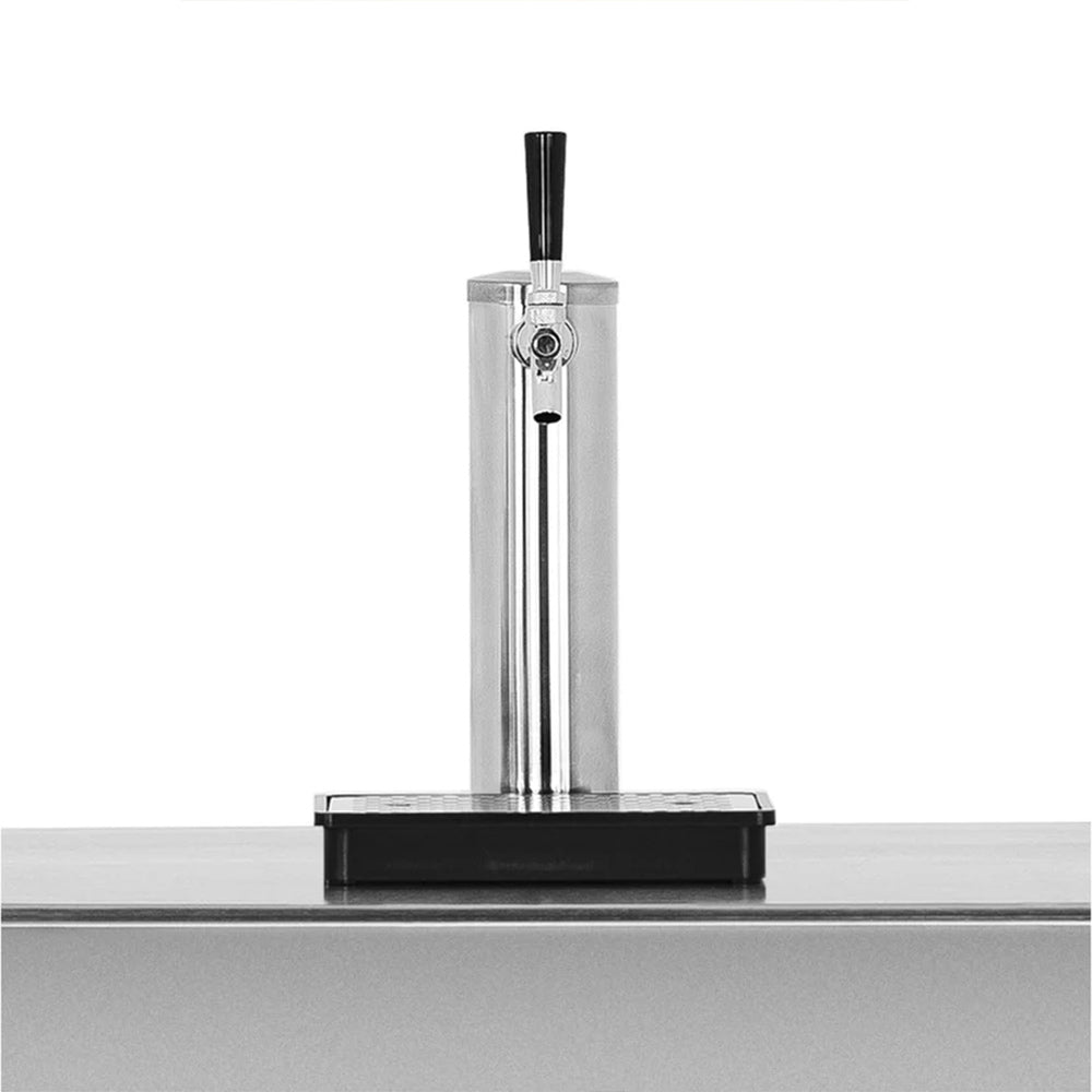Kegerator tap assembly on stainless top with black mounting base
