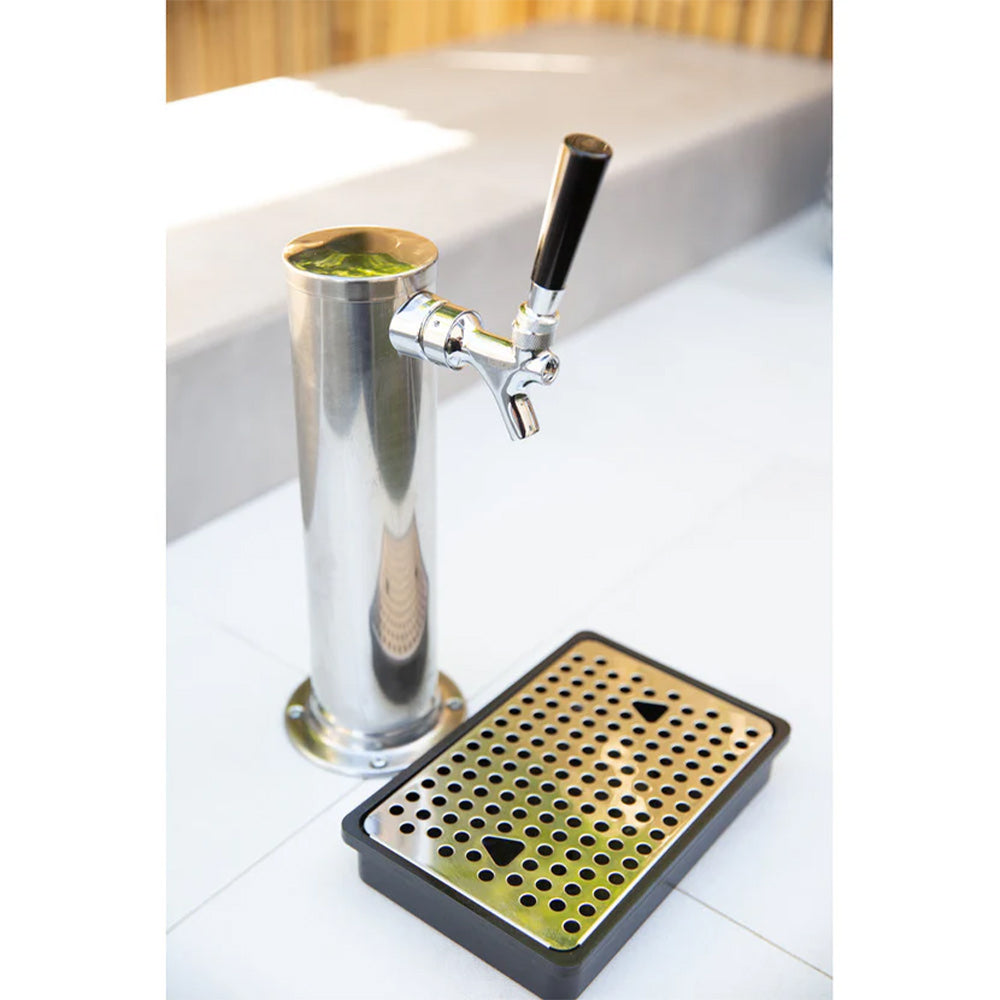 Single beer tap faucet and stainless drip tray on kegerator