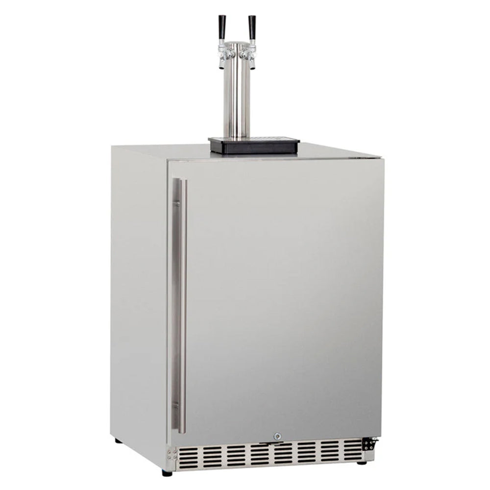 Outdoor kegerator with dual tap tower, stainless front, and bottom ventilation grilles