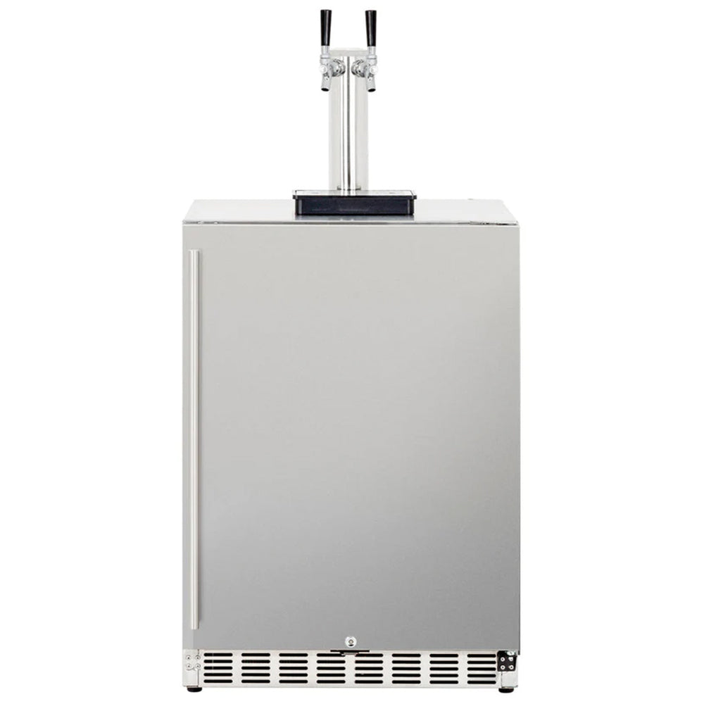 Stainless kegerator with side access door and two-tap dispenser tower