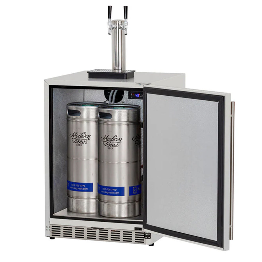 Open stainless kegerator cabinet with two beer kegs and hinged front door