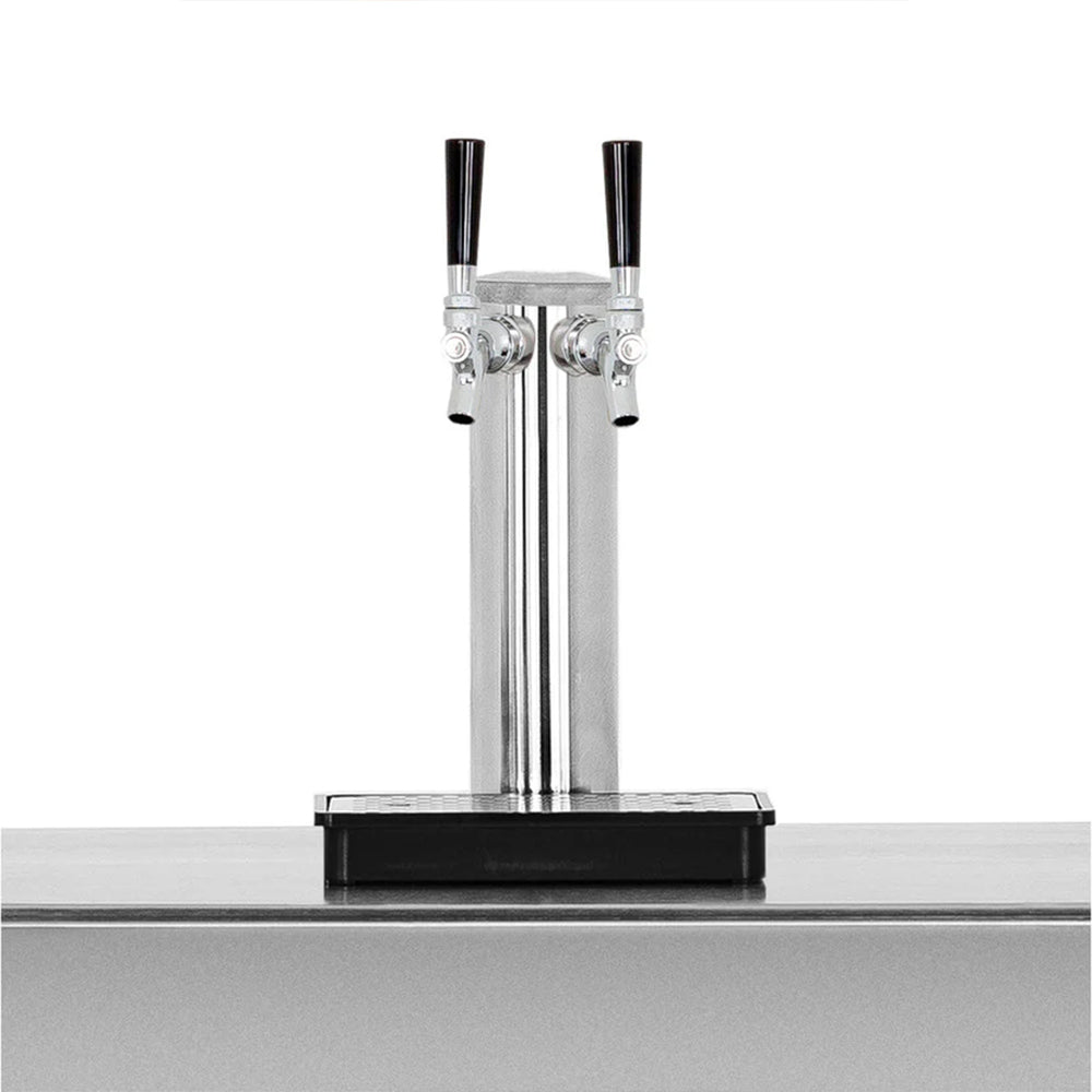 Stainless two-spout tap tower mounted on top of the kegerator