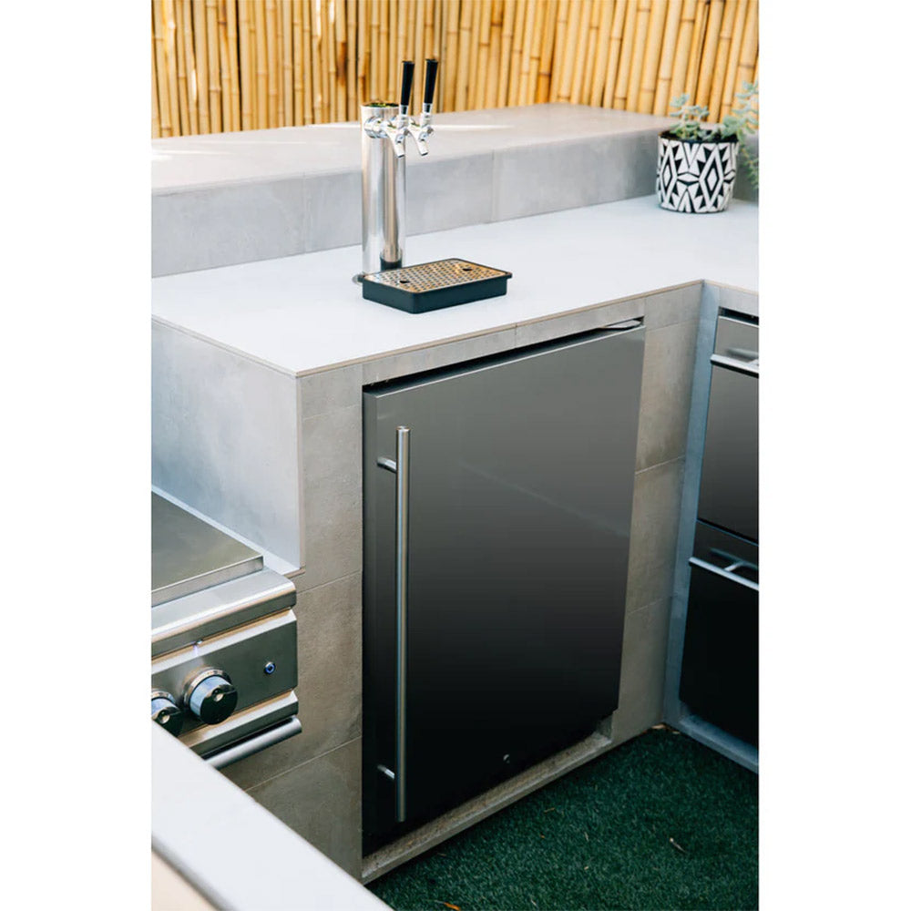 Stainless outdoor kegerator installed in an outdoor kitchen with open side access