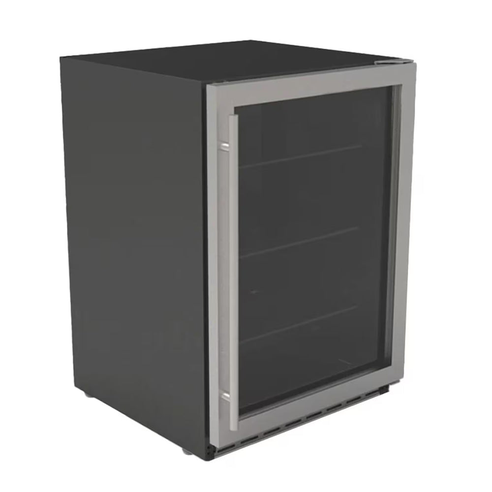 Outdoor rated glass-door refrigerator with dark cabinet and black glass