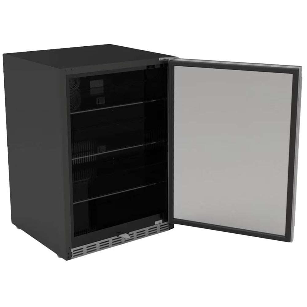 Outdoor refrigerator with open door, glass shelves inside, dark cabinet