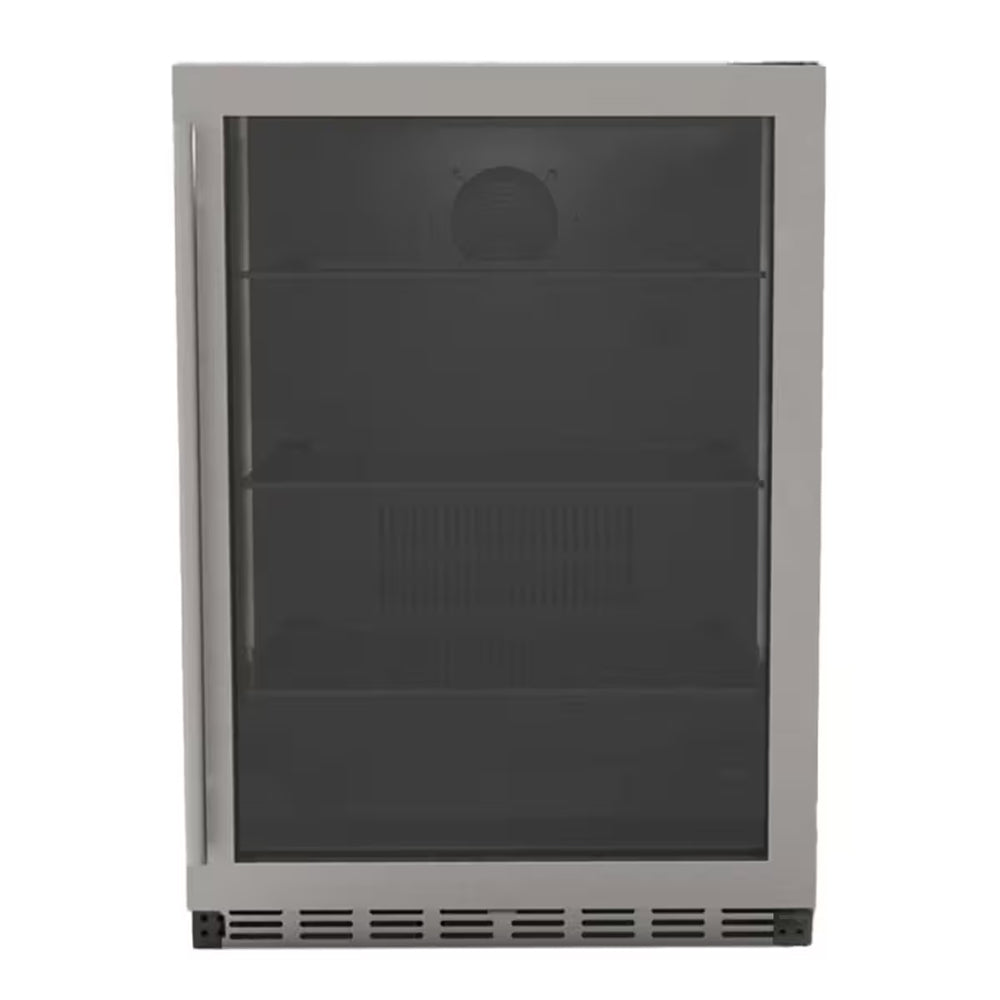 Outdoor refrigerator with black glass door and vented bottom grille