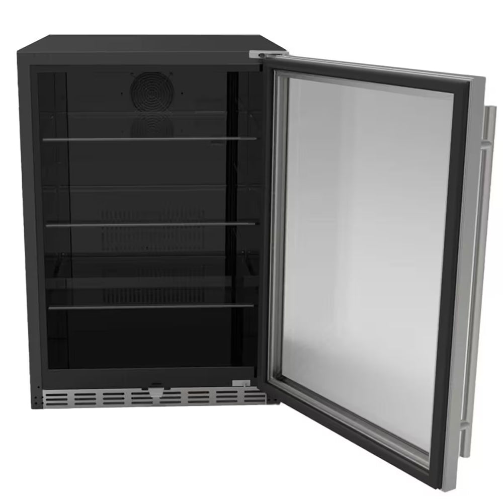 Outdoor refrigerator with open door, clear glass panel, dark interior shelves