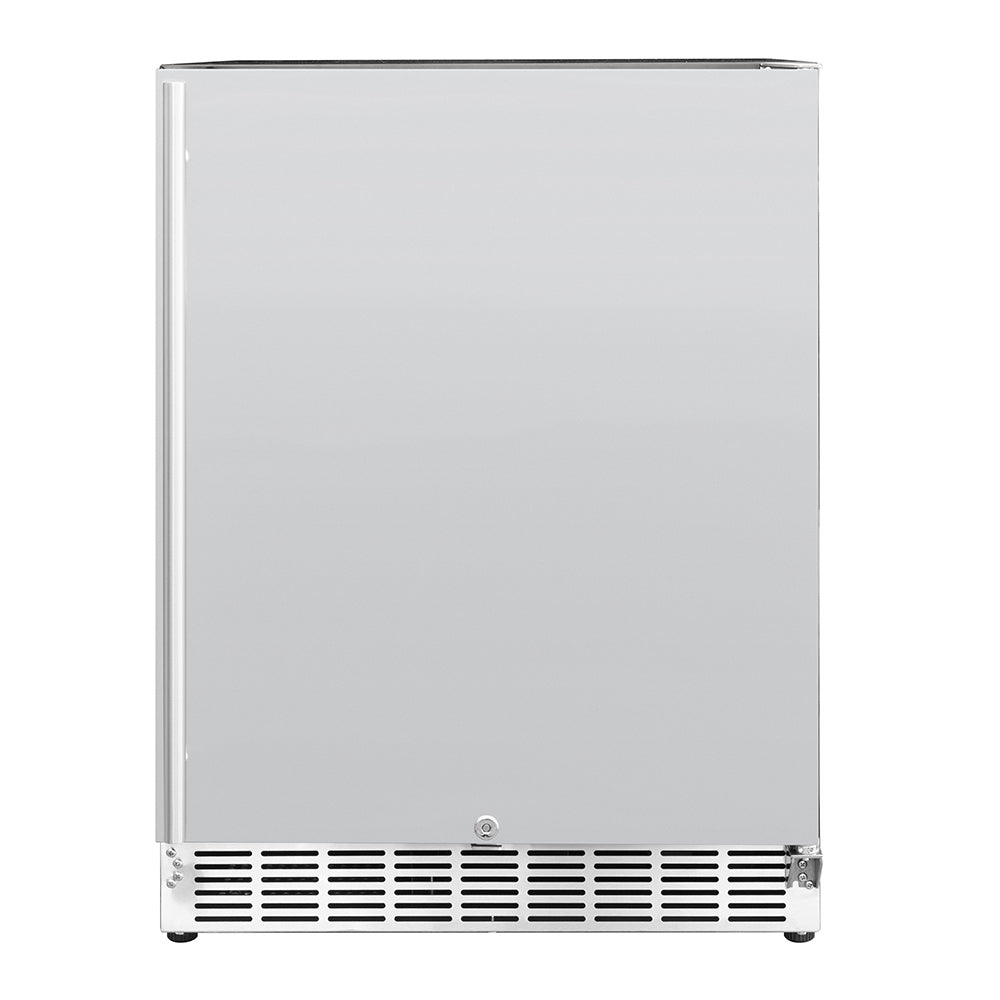 Outdoor-rated fridge, white exterior front with vent grille and feet