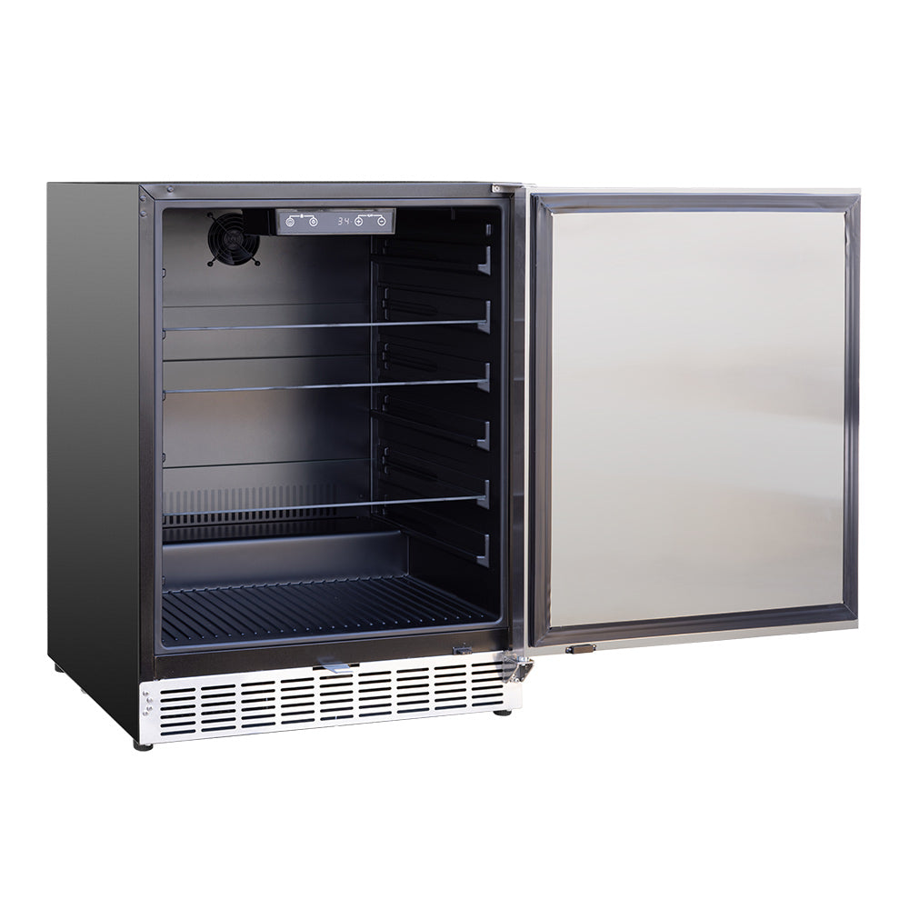 Outdoor-rated fridge with open door, black interior shelves and cooling fan