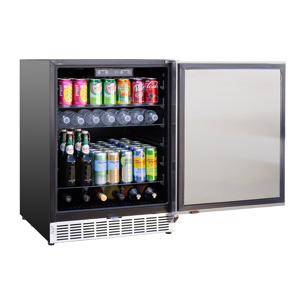 Outdoor-rated fridge with open door, stocked shelves with cans and bottles