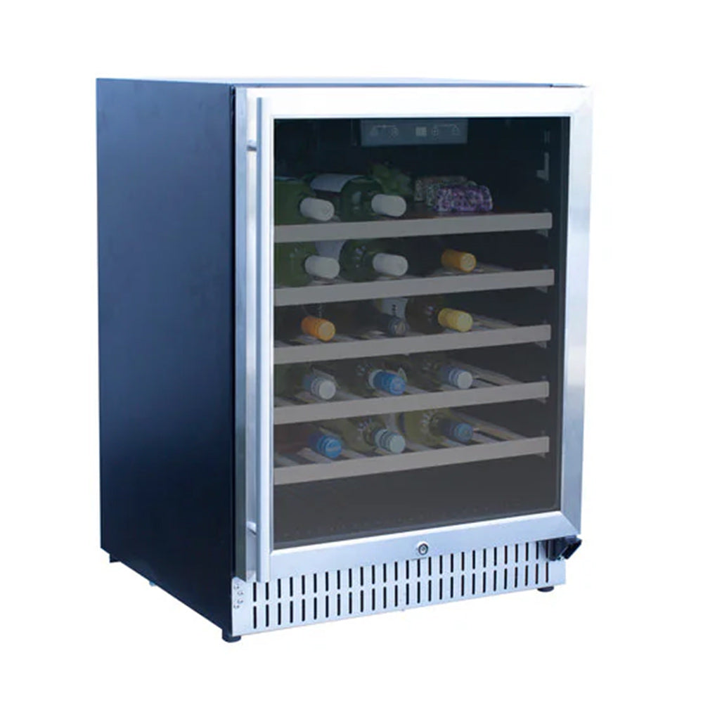 Outdoor wine cooler with glass door open, dark blue exterior, shelves with bottles