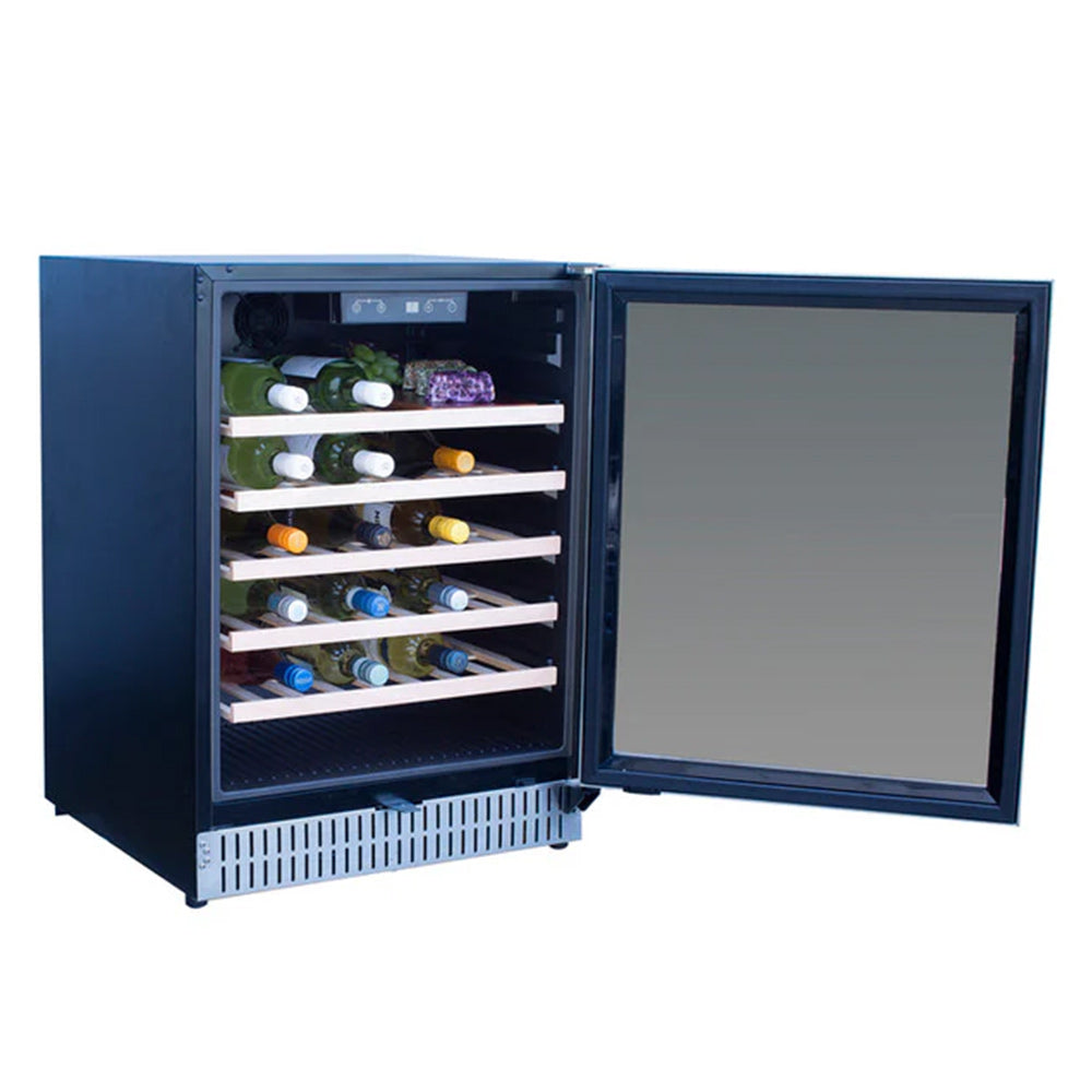 Outdoor wine cooler with door open, dark exterior, visible interior racks for bottles