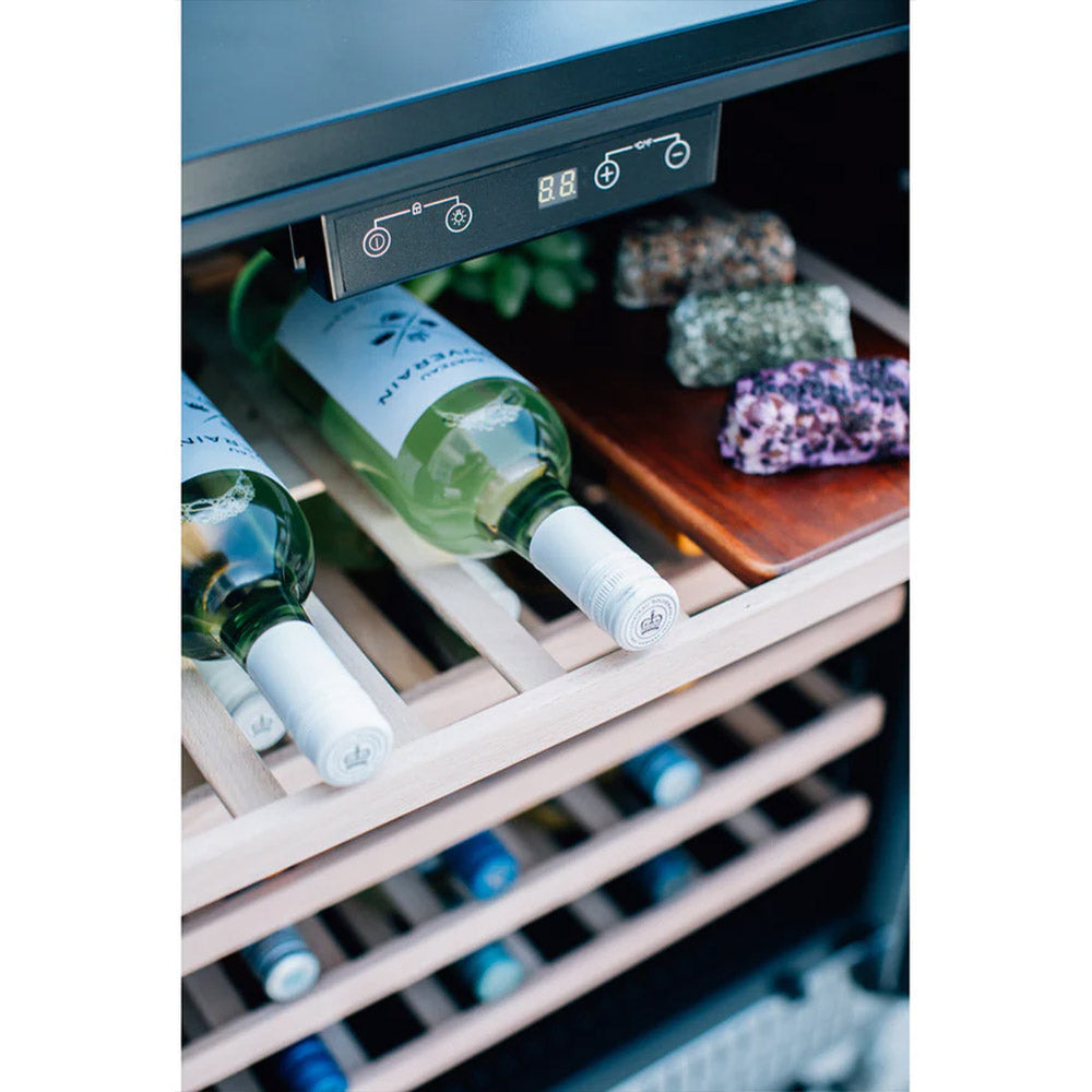 Wine cooler control panel above bottle shelf, with bottles in lower racks