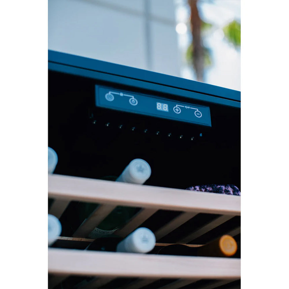 Wine cooler control display with bottles on interior shelves