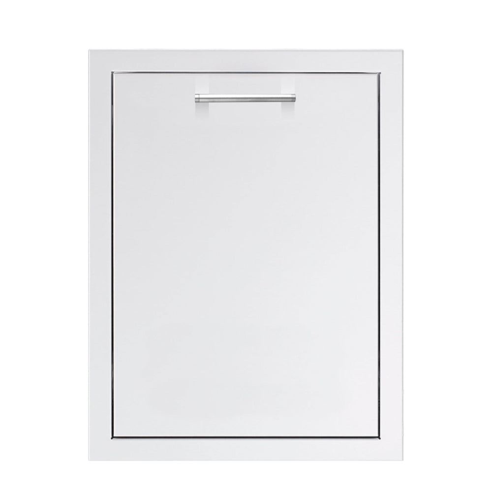 Two-bin trash and recycling drawer front panel with horizontal pull handle