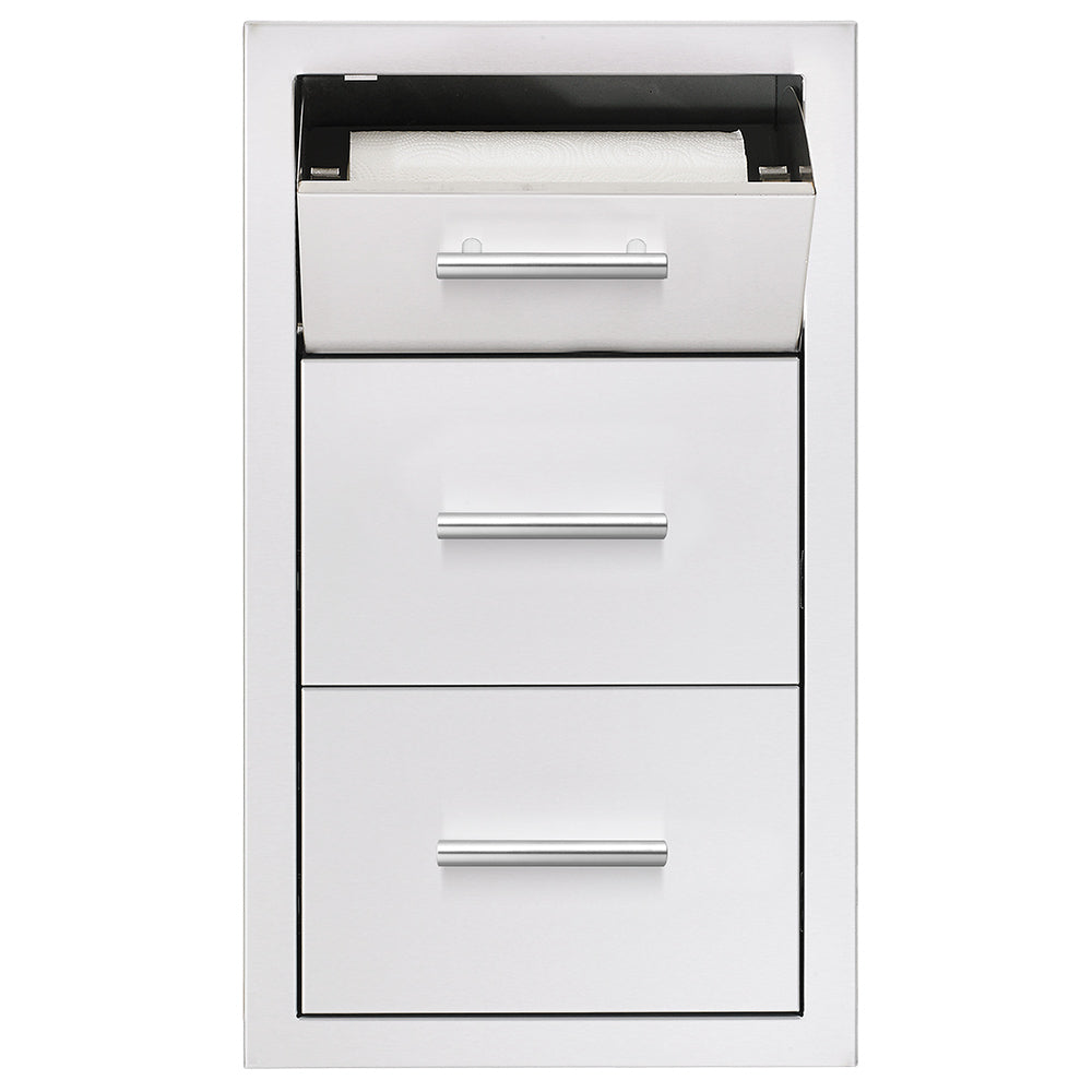 White vertical cabinet with paper towel holder and two drawers, chrome bar handles