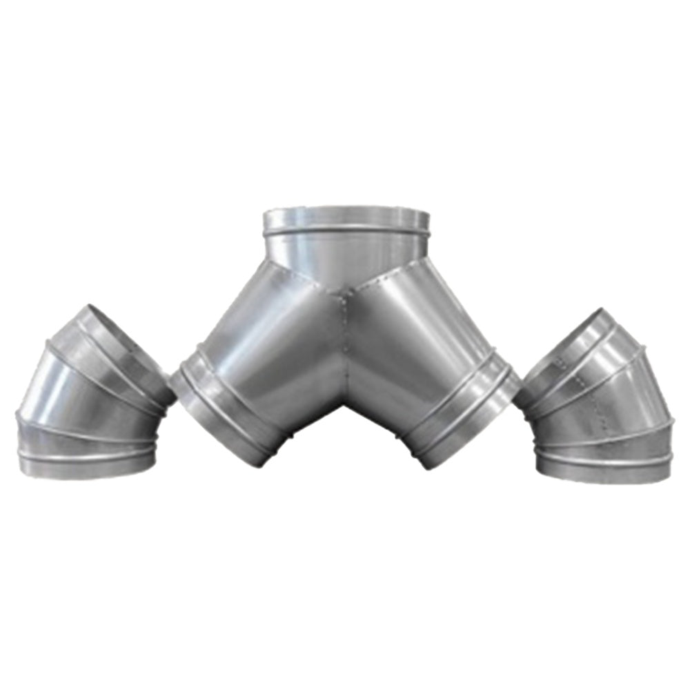 Metal vent hood duct wye fitting with three short flanged elbows
