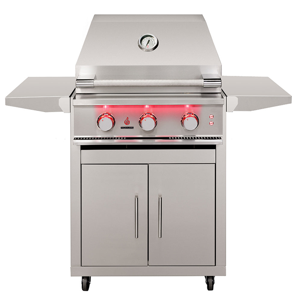 Stainless steel gas grill with side shelves, control knobs, and built-in thermometer