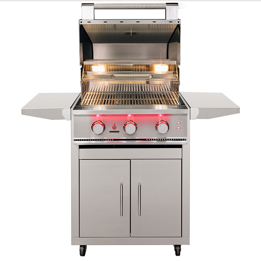 Open stainless steel gas grill with burners, cooking grate, and control panel on cart