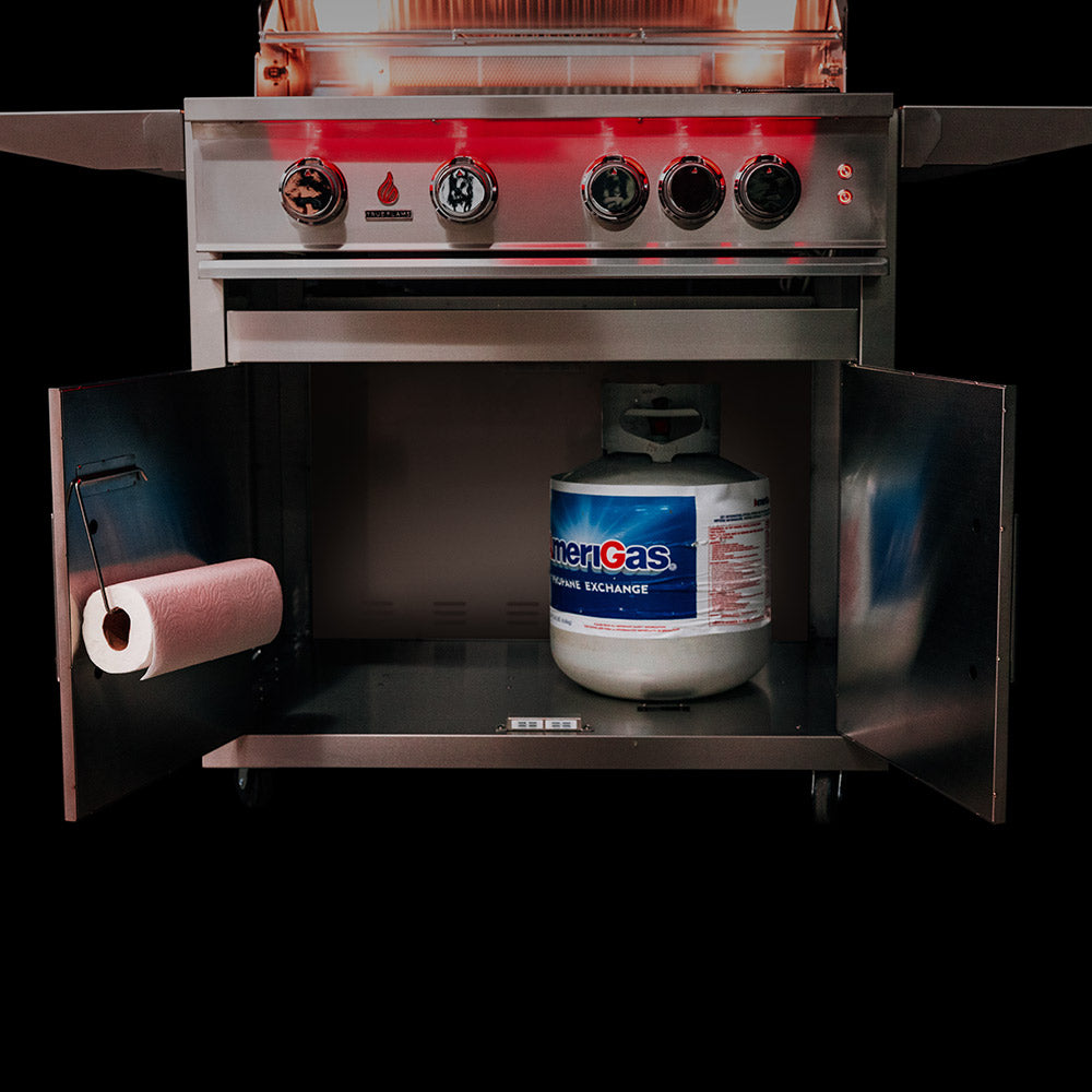 Gas grill cabinet showing propane tank and regulator area beneath the control panel