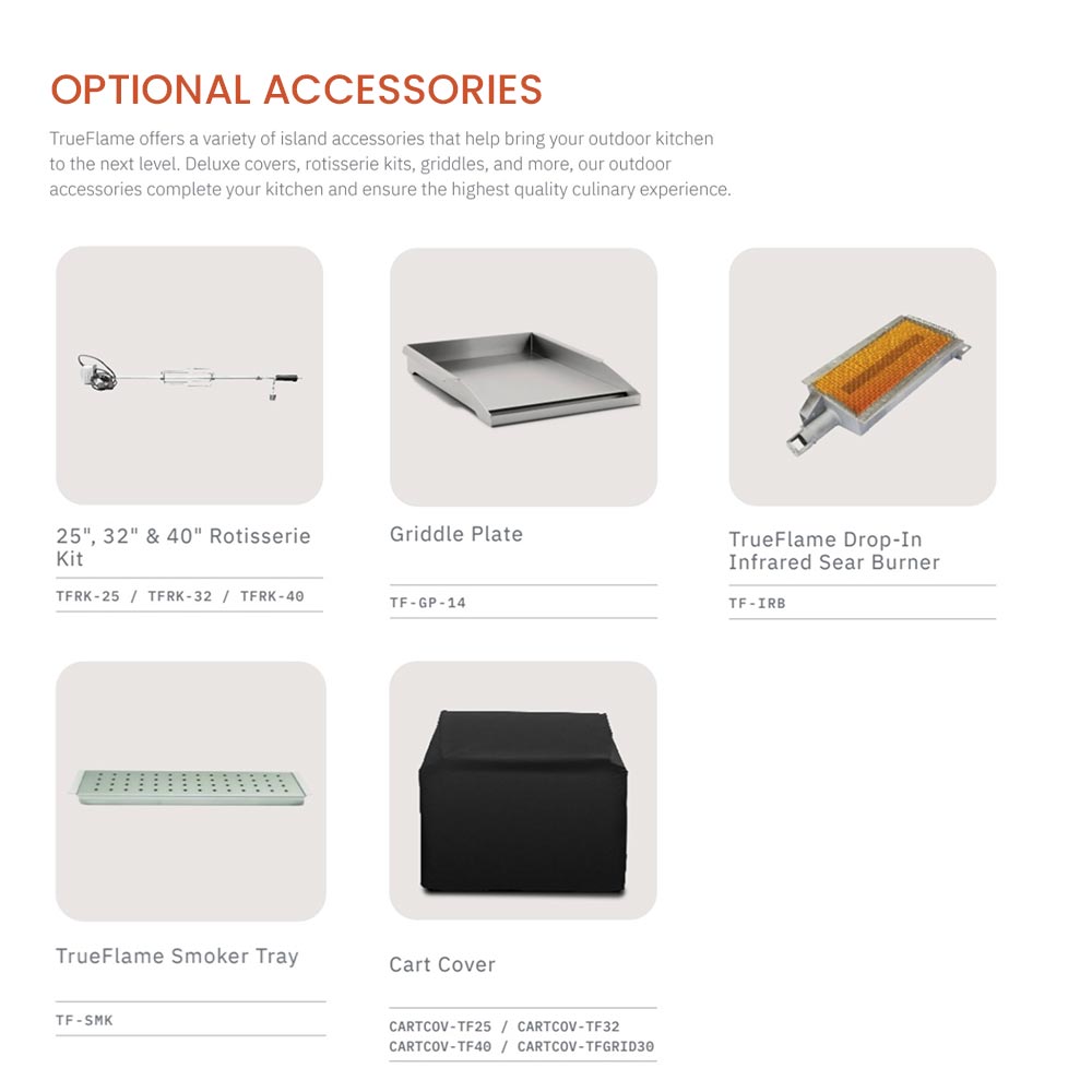 TrueFlame optional accessories diagram with giddle plate and smoker tray