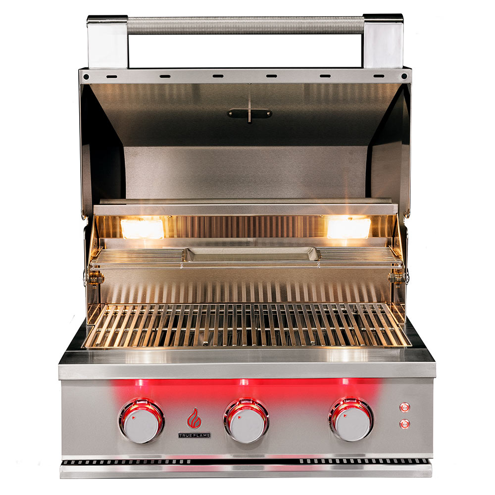 Open stainless built-in gas grill with burners and cooking grates