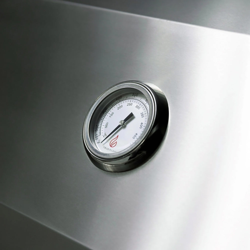 Stainless lid thermometer gauge on built-in gas grill lid