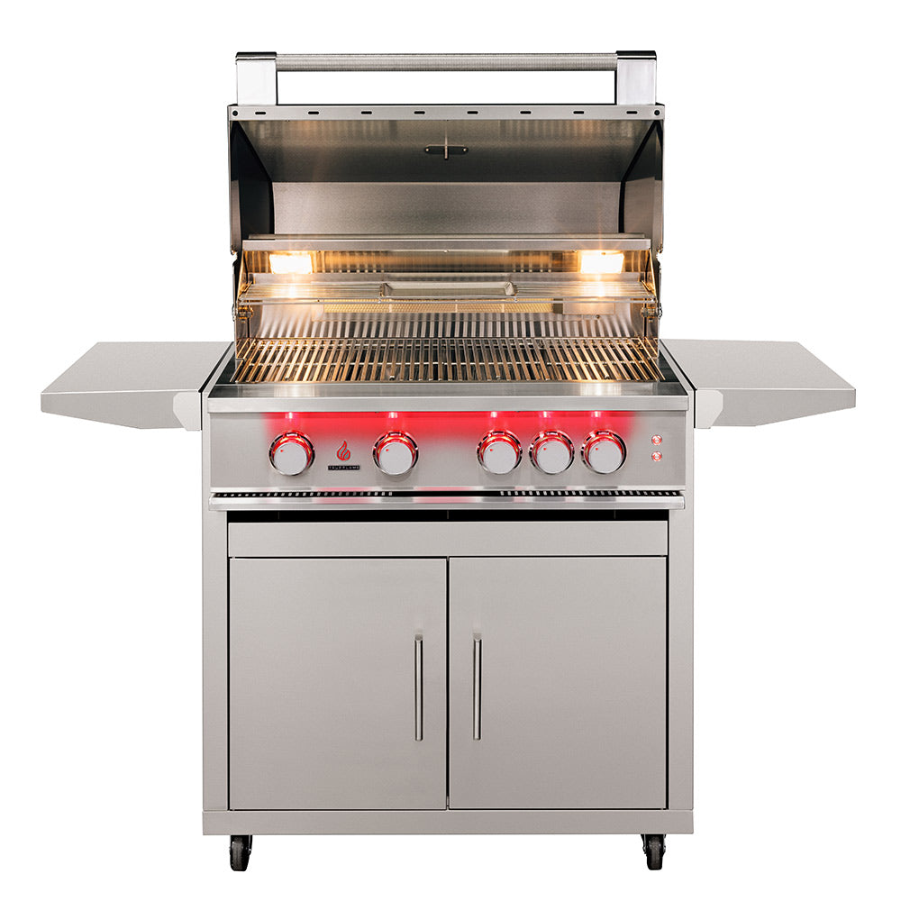 Open stainless gas grill with cooking grates, lit burners, and red control knobs