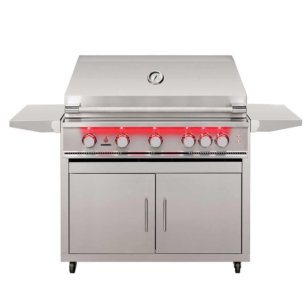 Stainless gas grill on cart with front cabinet doors and control knobs