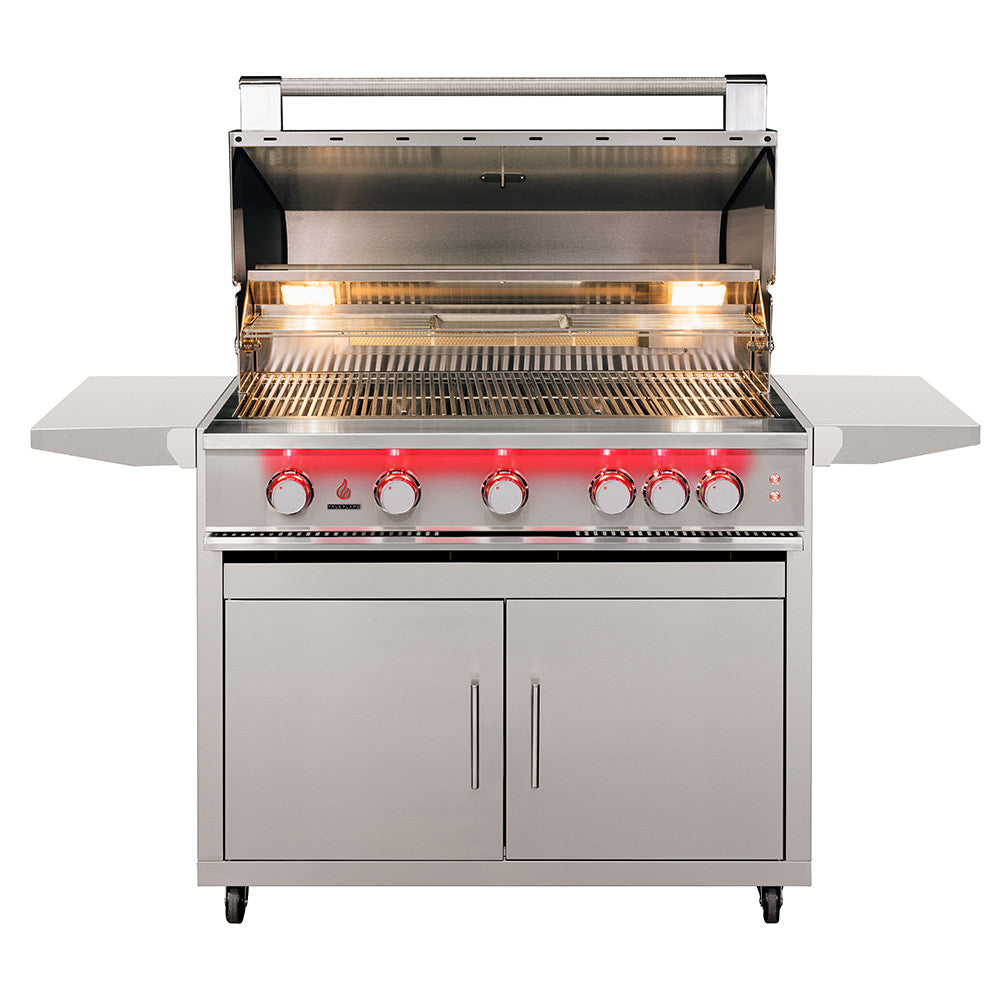 Open stainless gas grill with cooking grates and lit burners, control panel below