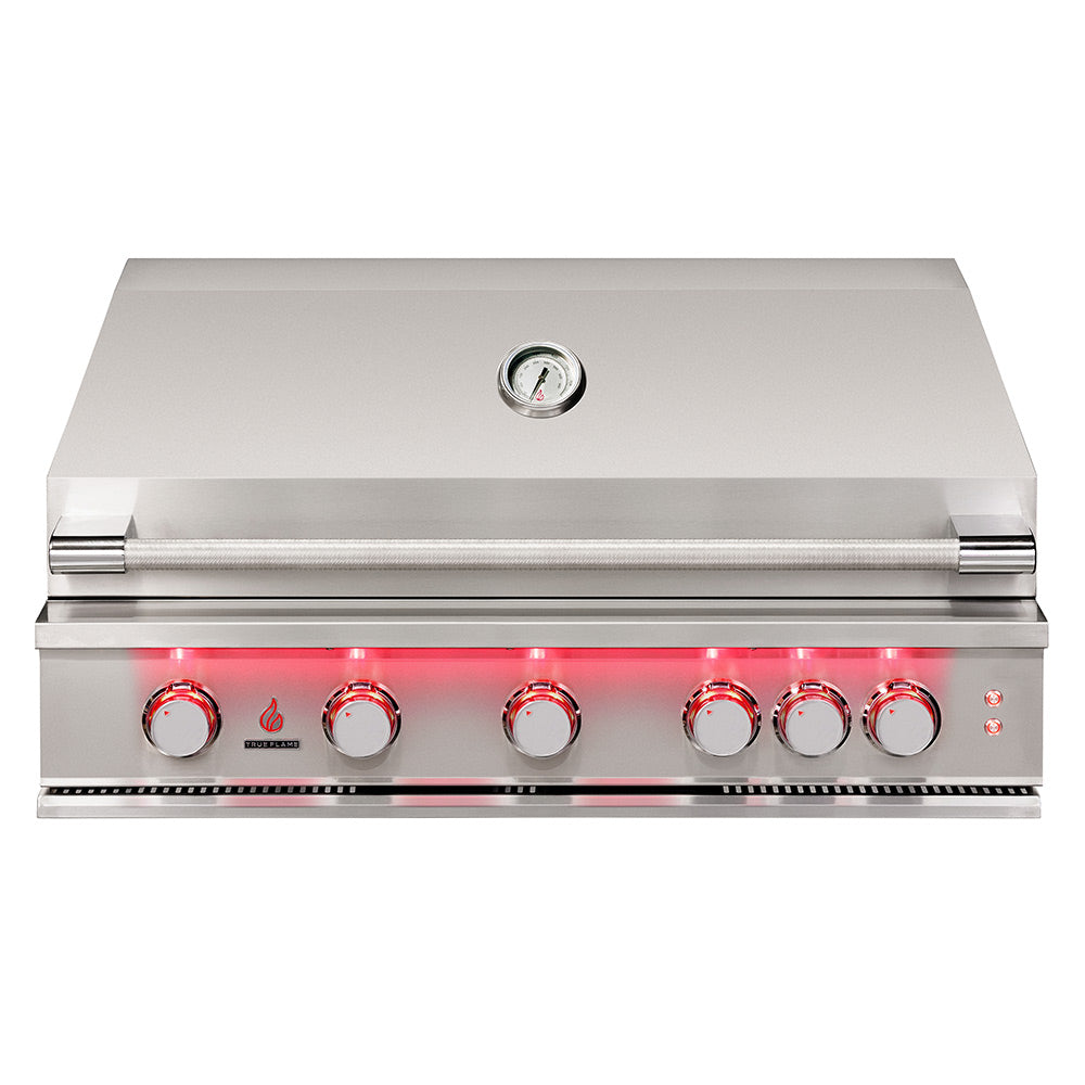 Built-in gas grill with stainless steel front panel, control knobs, and thermometer cap