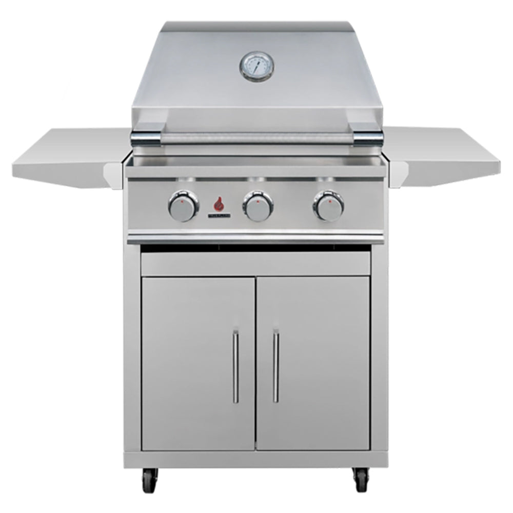 Stainless steel gas grill with control knobs and side shelves on cart