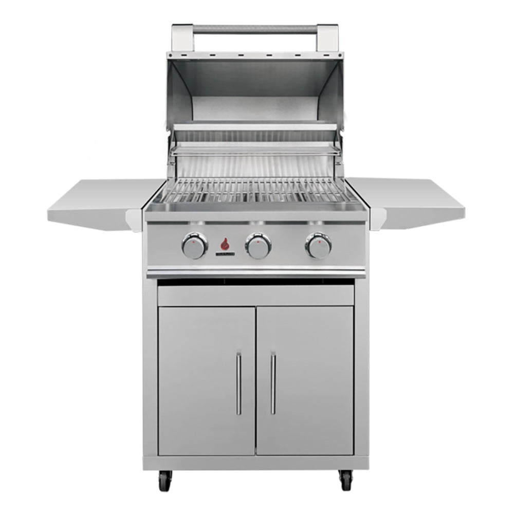 Open-lid stainless steel gas grill with burner bars and front storage doors