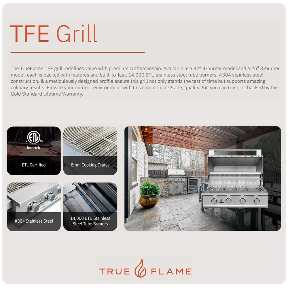 TFE Grill brochure page with TrueFlame logo and feature photo tiles
