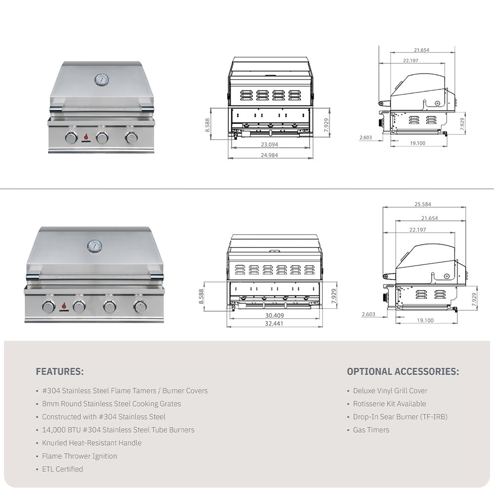 Gas grill dimension diagram with feature list and optional accessory section