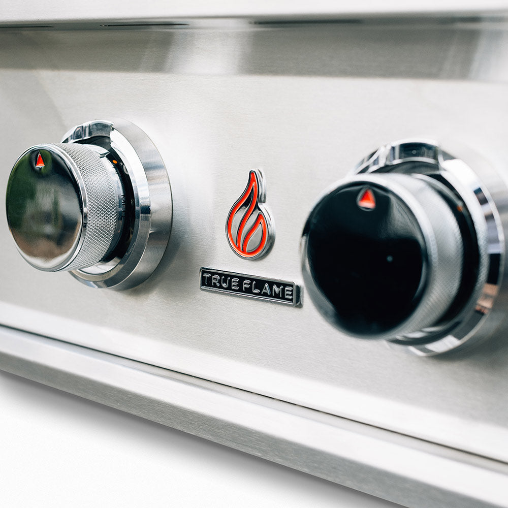 Gas grill burner knobs and TrueFlame logo on a stainless steel control panel