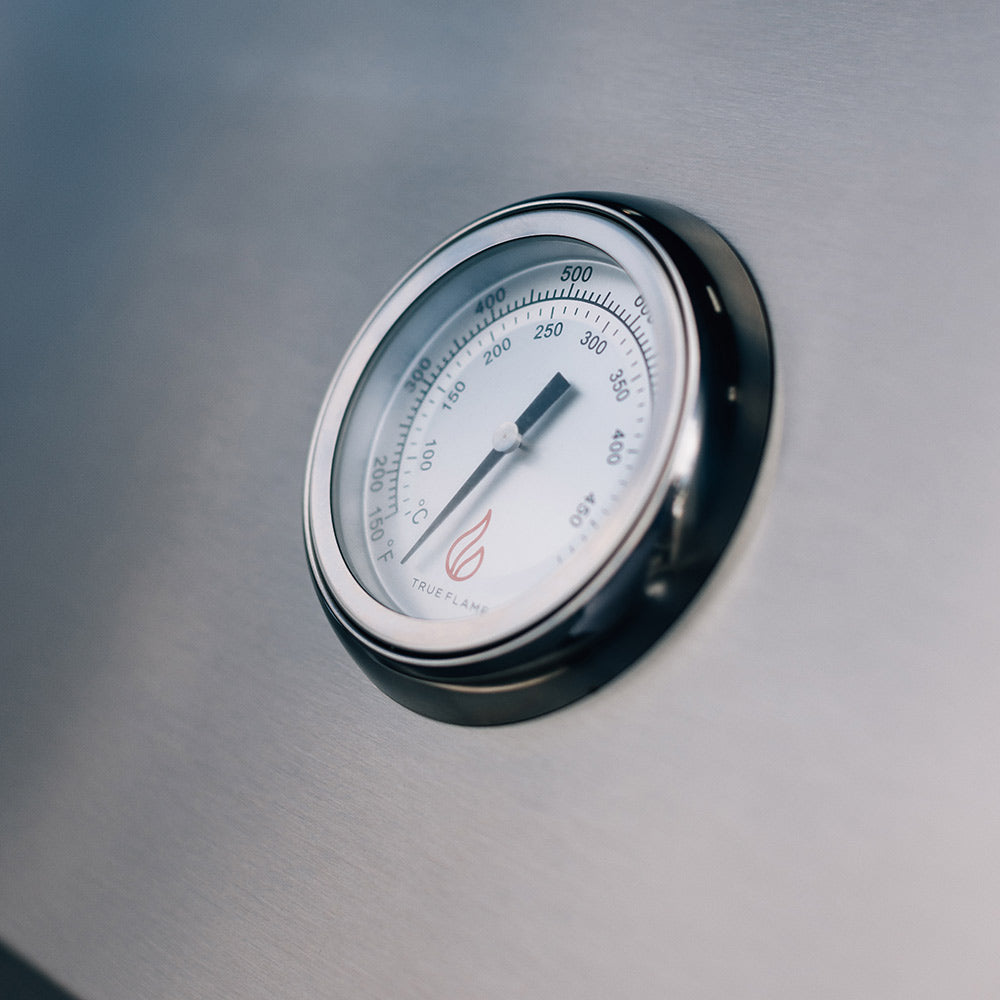 Round temperature gauge with flame pointer on a stainless steel grill lid