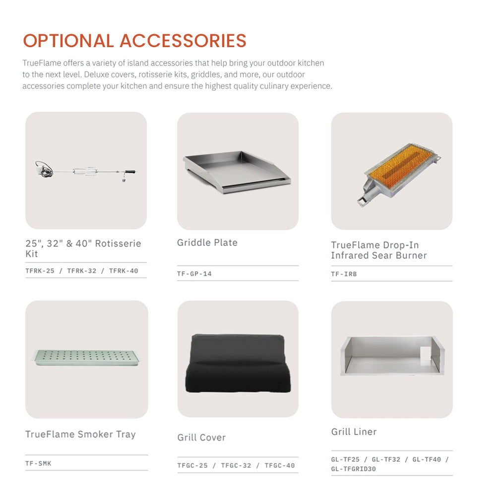 Optional accessories chart showing grill add-ons like griddle and cover