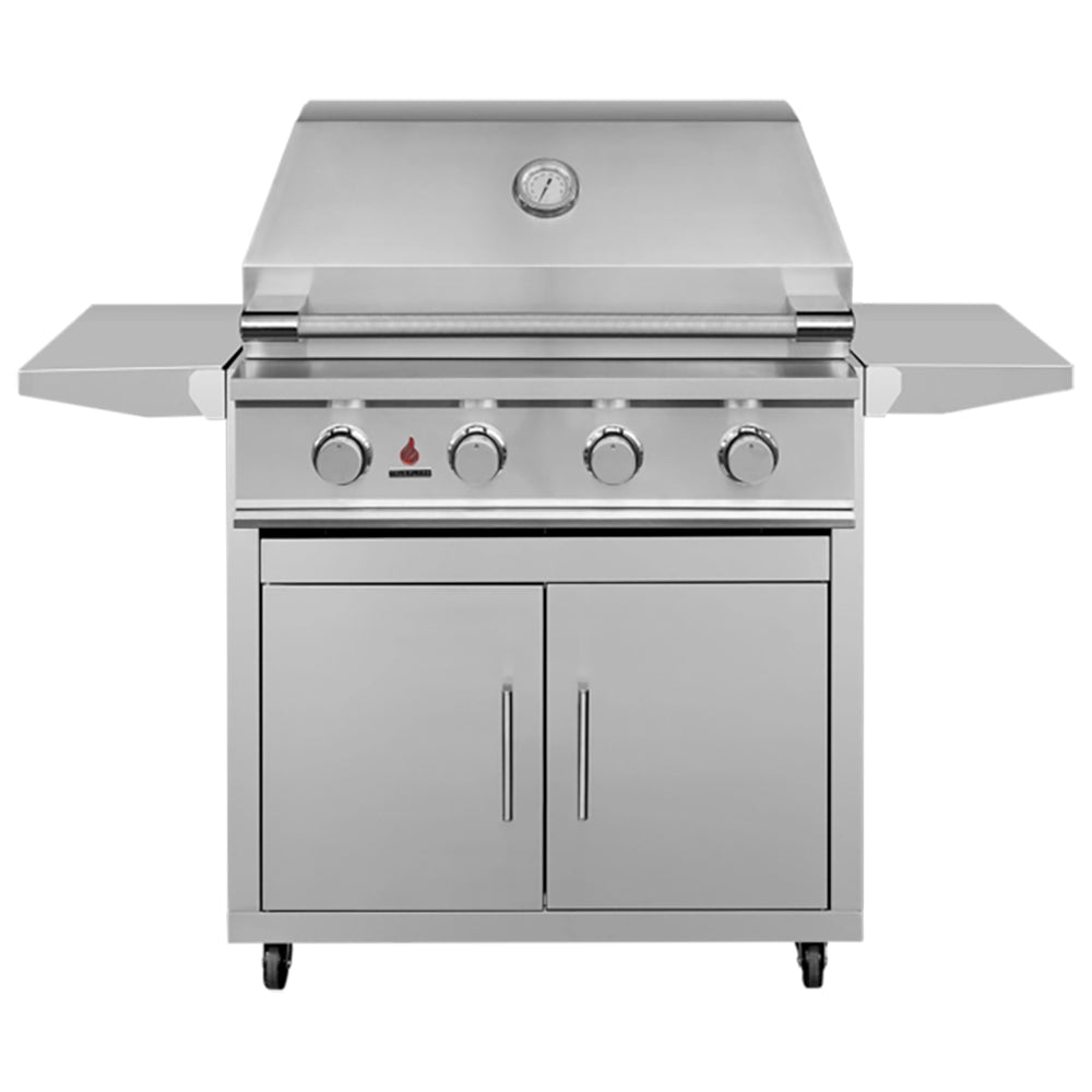 Stainless steel gas grill with closed lid and front control knobs on a cart