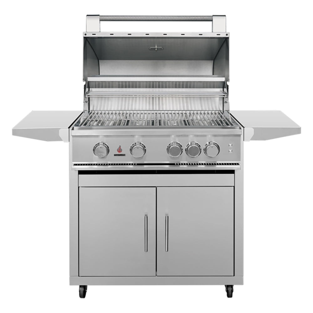 Stainless steel gas grill with open lid, cooking grates, and front burner control knobs