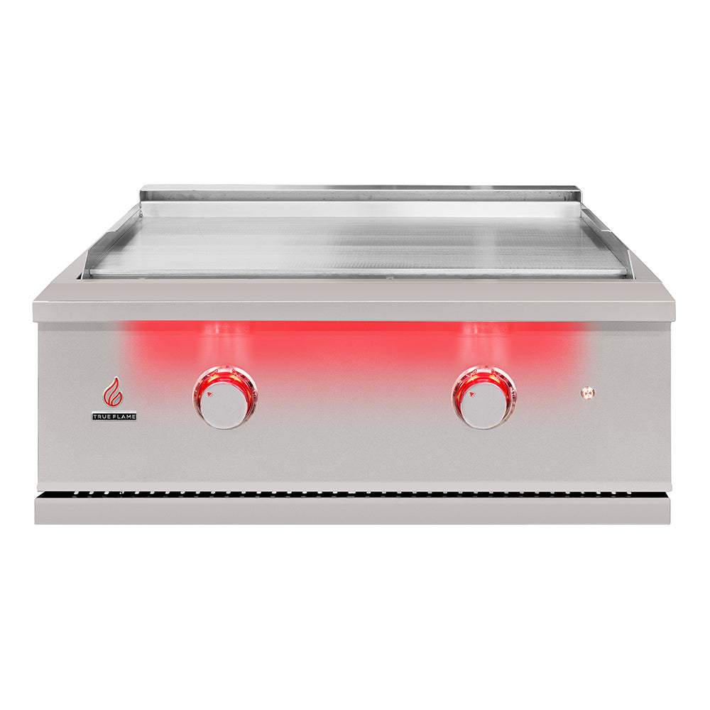 Stainless steel built-in gas griddle with open griddle surface and two front control knobs