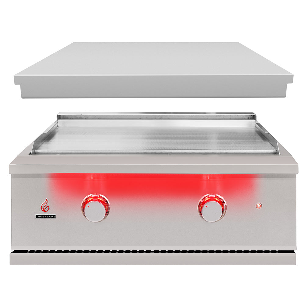 Stainless steel built-in gas griddle with hood closed and two front control knobs