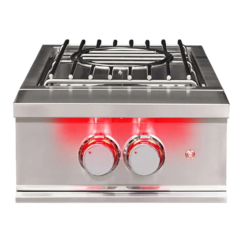 Built-in stainless power burner with black grates and red control knobs
