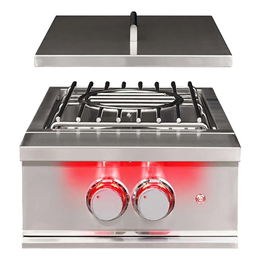 Built-in stainless power burner cooktop with two round red control knobs