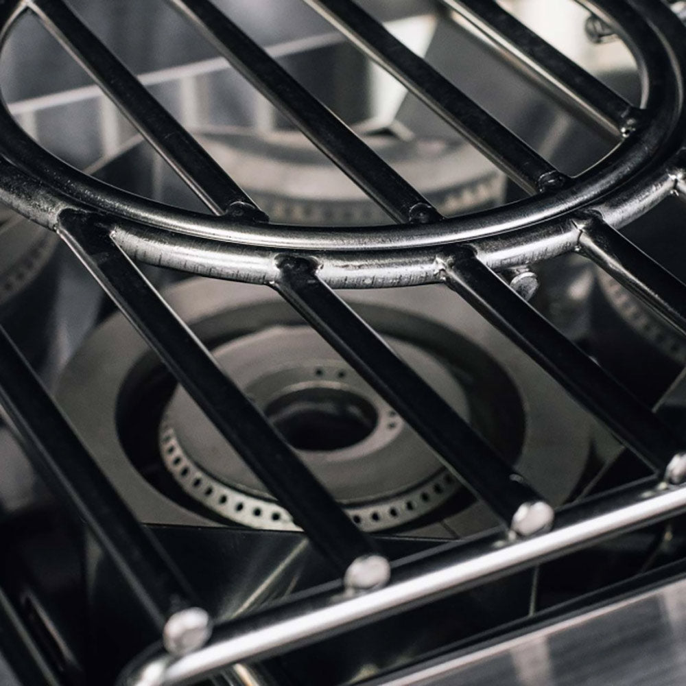 Power burner grate and burner ring assembly in black and stainless steel