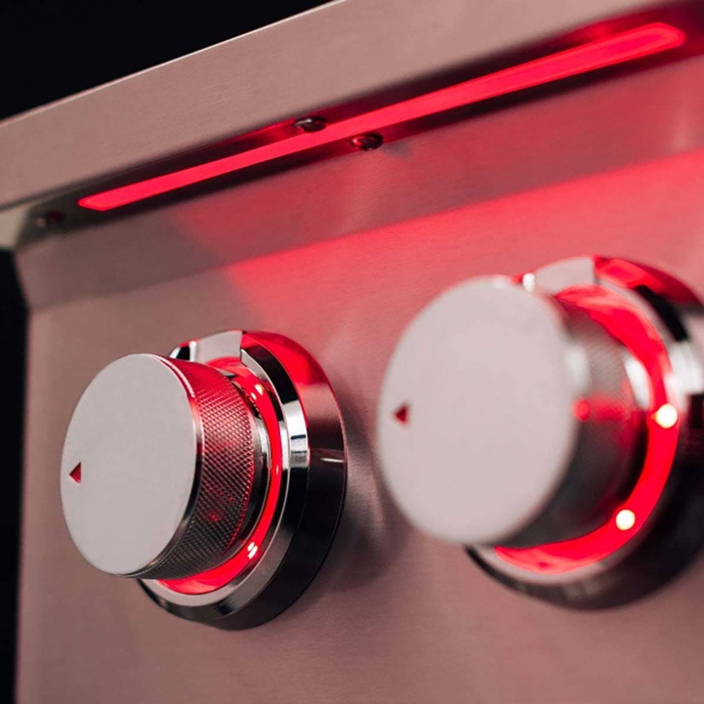 Stainless steel burner control panel with two red-ringed control knobs