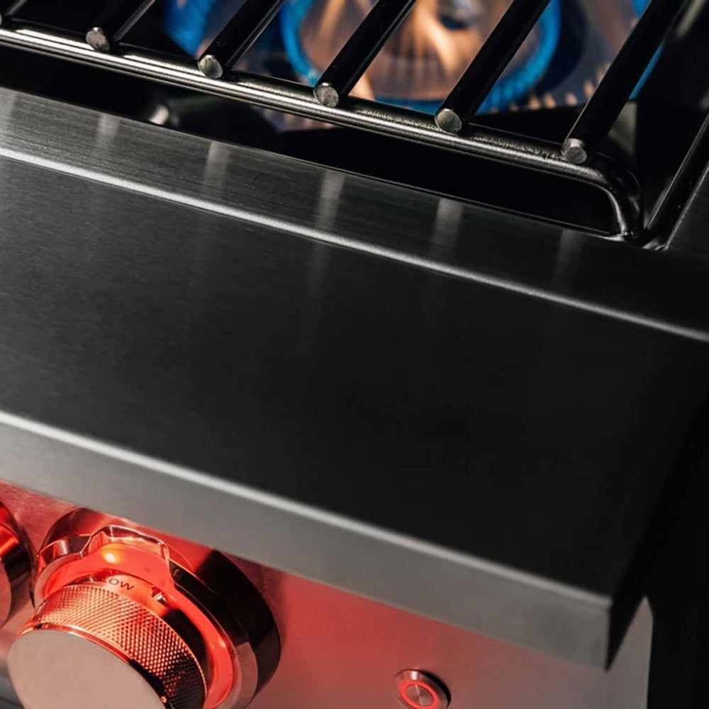 Stainless steel burner body with two red control knobs and front control plate